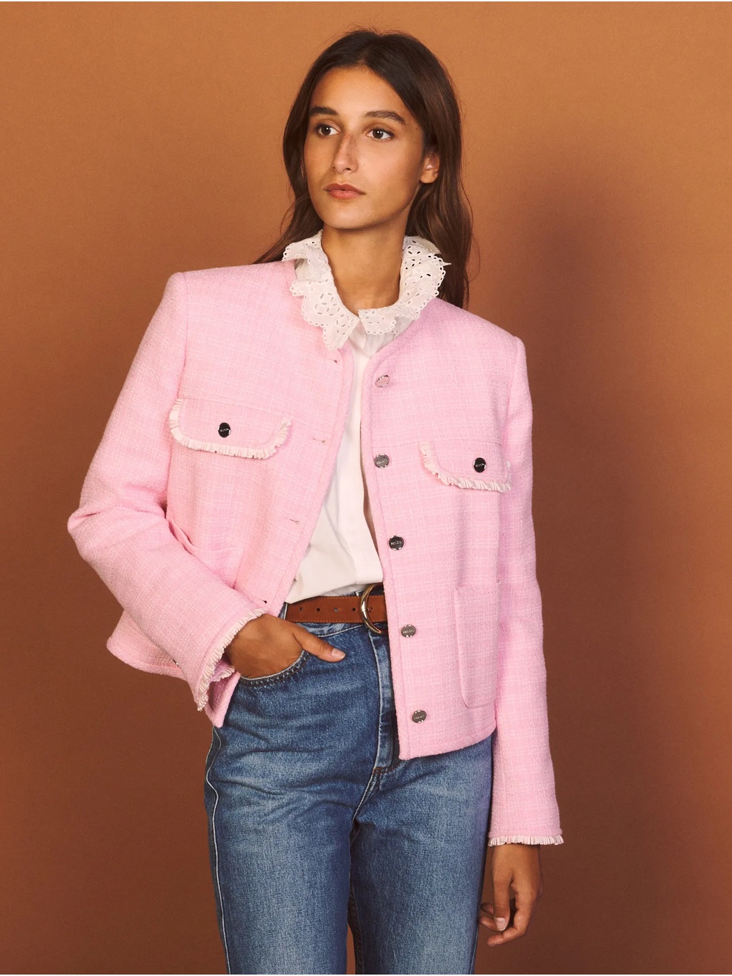 Sandro Women's Pink Tweed Luxury Jacket | Size 36